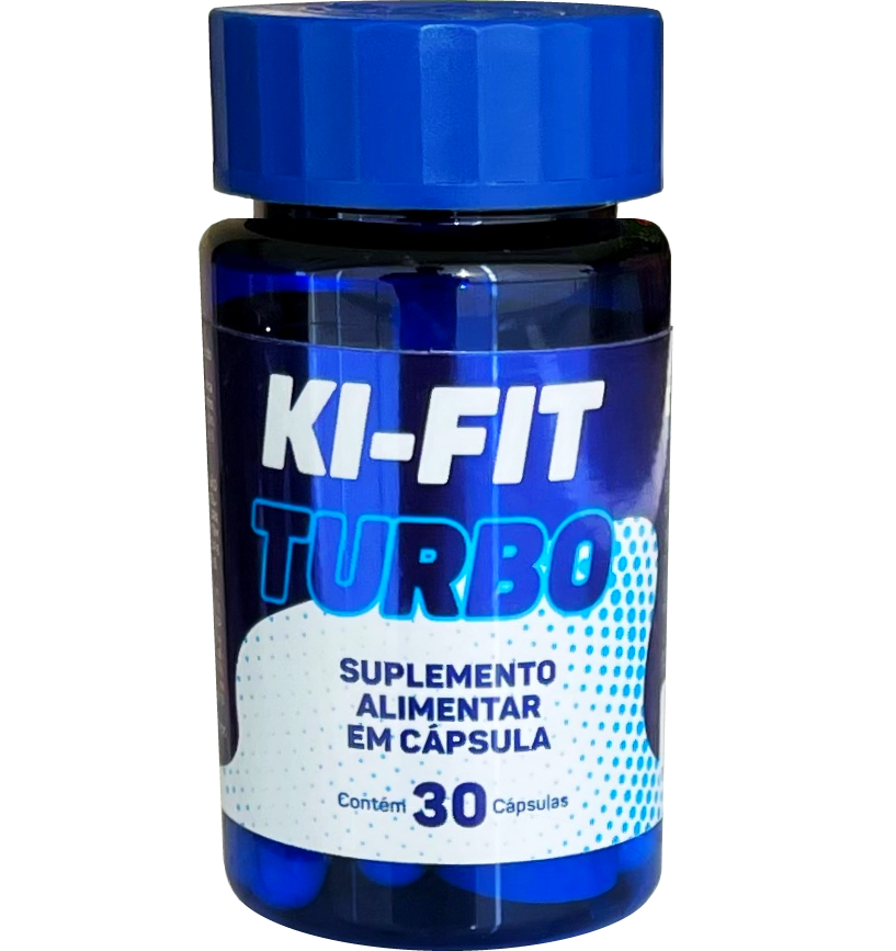 Frasco azul de Ki-Fit Turbo, suplemento alimentar com 30 cápsulas